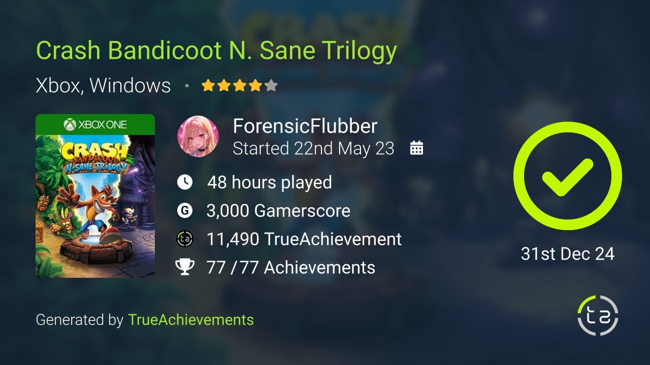 Crash Bandicoot N. Sane Trilogy achievement summary